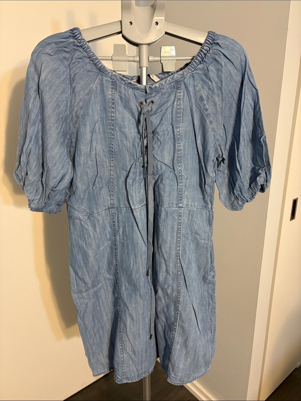 Light Blue Denim Midi Dress with Lace-Up Neckline